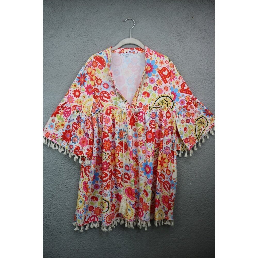CZ Cezele Silky 3/4 Bell Sleeve Hippie Dress-Tassels-Size Medium-BOHO